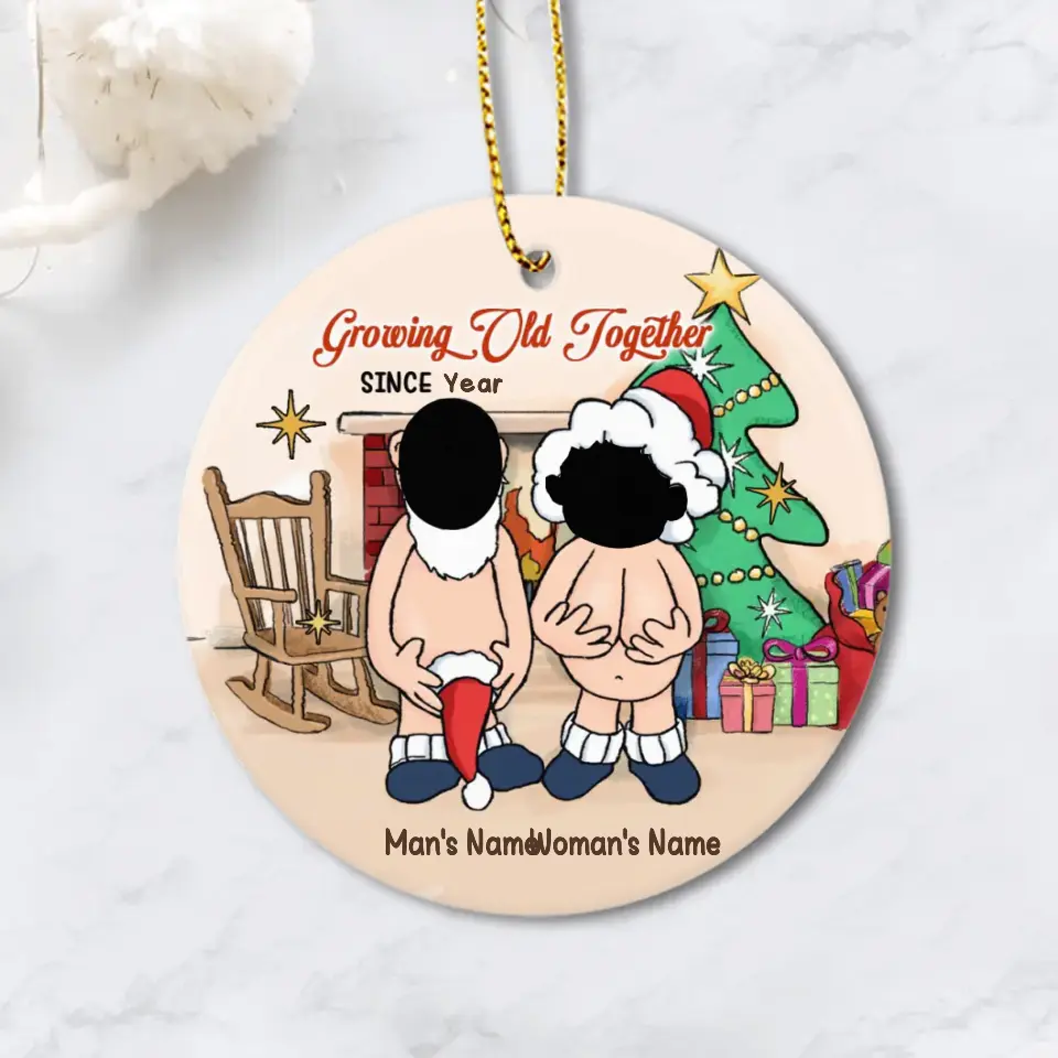 Personalized Funny Couple Photo Cutout Ceramic Circle Ornament, Christmas Ornament Growing Old Together