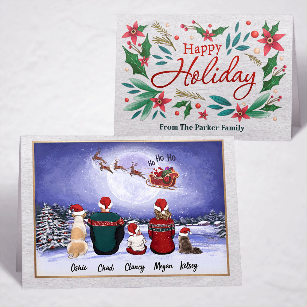 Personalized Christmas Folded Greeting Card gift ideas with the whole family &amp; dogs &amp; cats - UP TO 5 - Happy Holiday - Santa Ho Ho Ho
