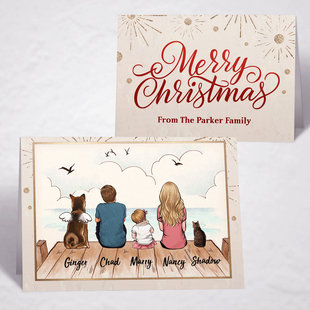 Personalized Christmas Folded Greeting Card gift ideas with the whole family &amp; dogs &amp; cats - UP TO 5 - Merry Christmas - Wooden Dock