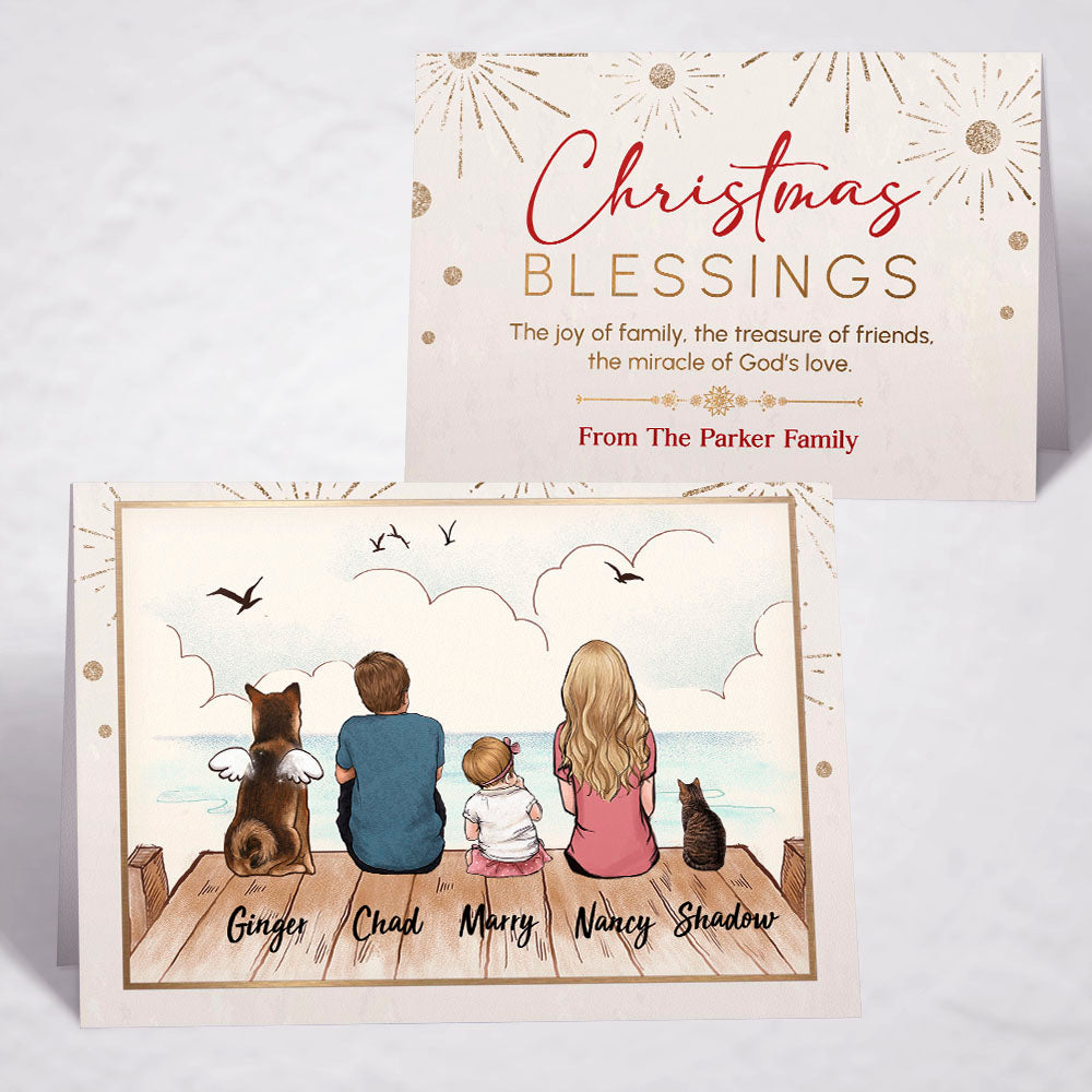 Personalized Christmas Folded Greeting Card gift ideas with the whole family &amp; dogs &amp; cats - UP TO 5 - Christmas Blessings - Wooden Dock