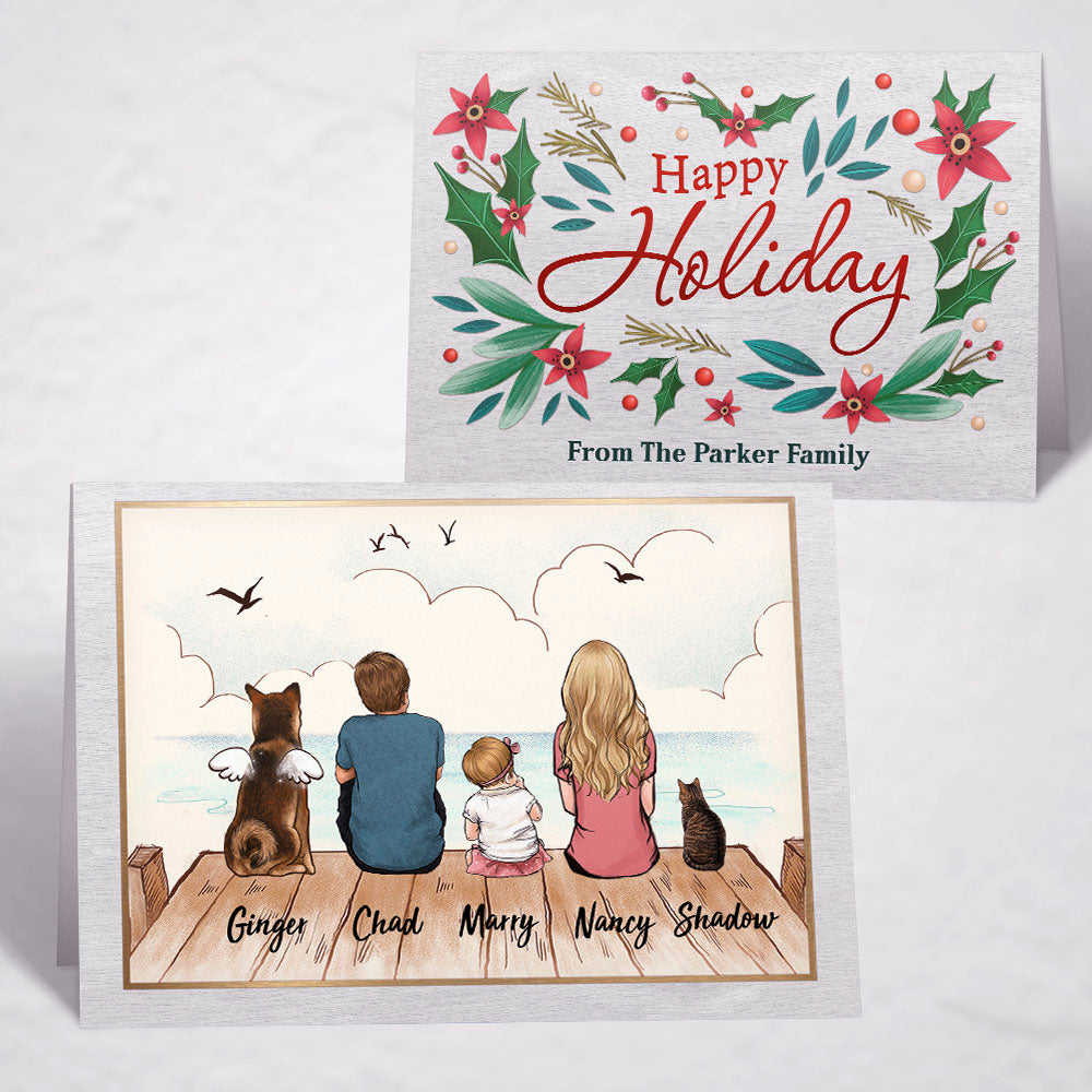 Printable Digital File For Folded Greeting Card - Personalized Christmas gift ideas with the whole family &amp; dogs &amp; cats - UP TO 5 - Happy Holiday - Wooden Dock - Digital PNG Download