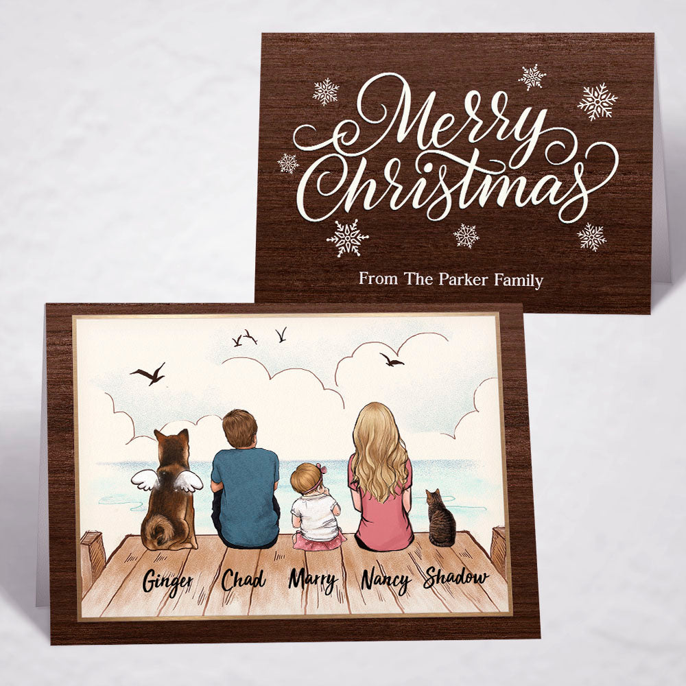 Printable Digital File For Folded Greeting Card - Personalized Christmas gift ideas with the whole family &amp; dogs &amp; cats - UP TO 5 - Merry Christmas - Wooden Dock - Digital PNG Download