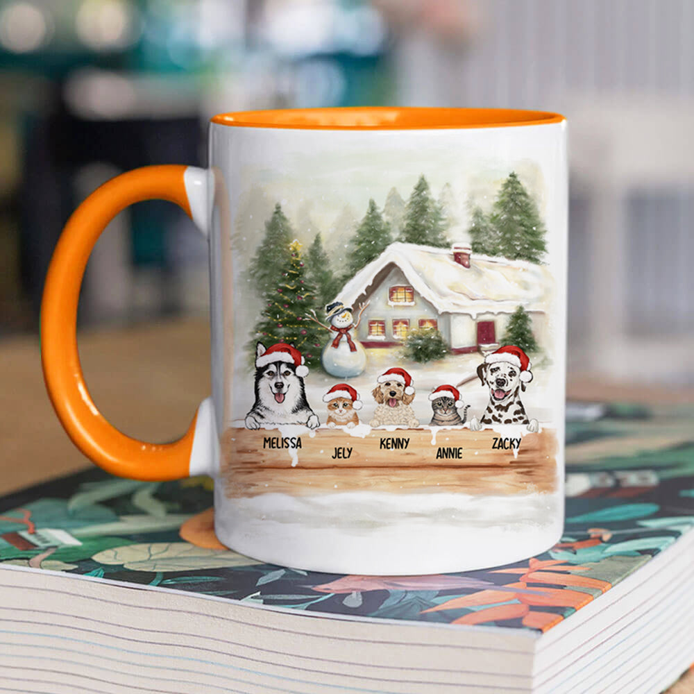 Personalized Accent Mug Gifts For Dog Cat Lovers - Christmas Wooden Fence