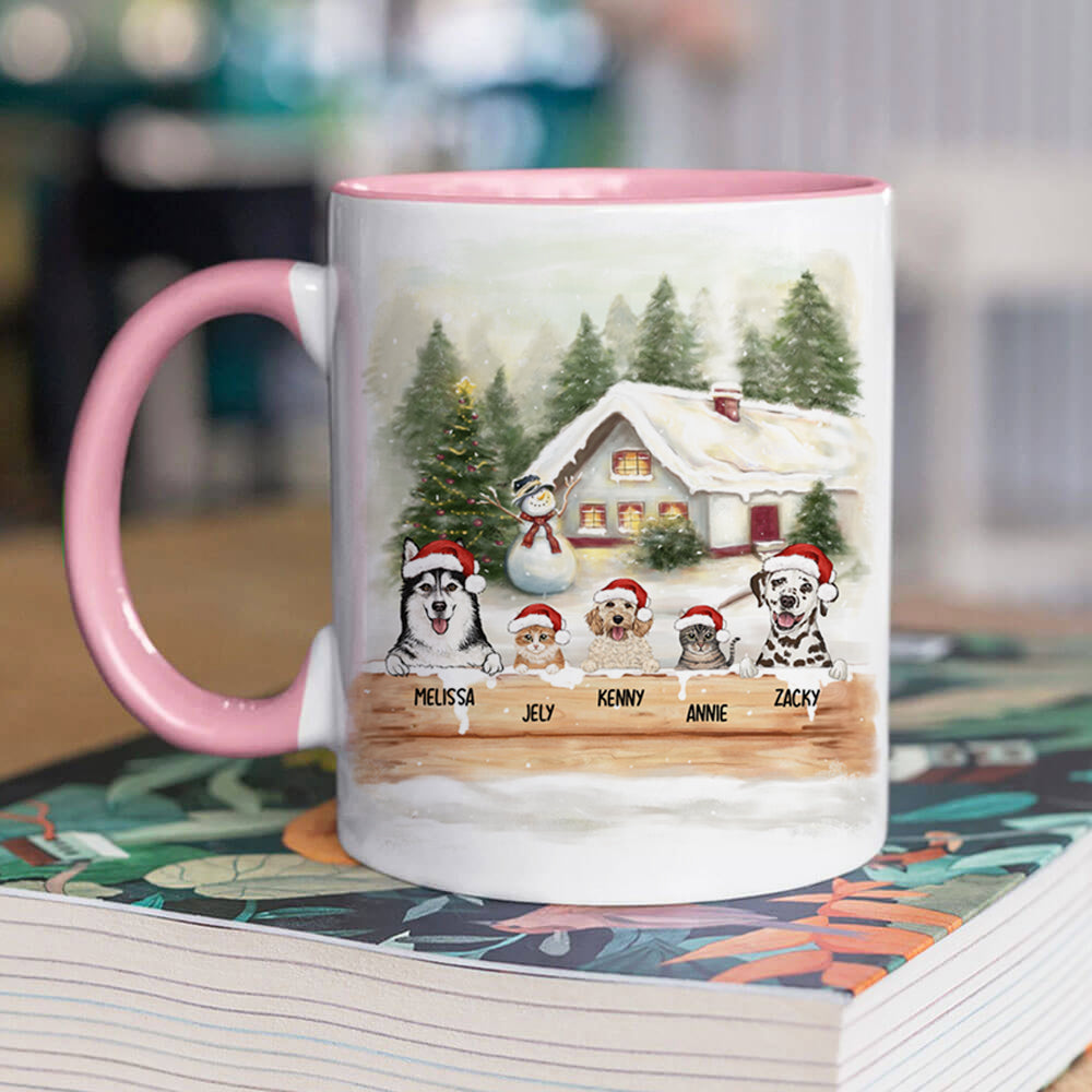 Personalized Accent Mug Gifts For Dog Cat Lovers - Christmas Wooden Fence