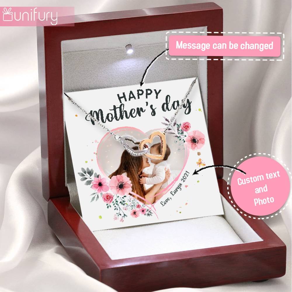 Personalized gifts for Mom Interlocking Hearts Necklace with message card - Custom photo