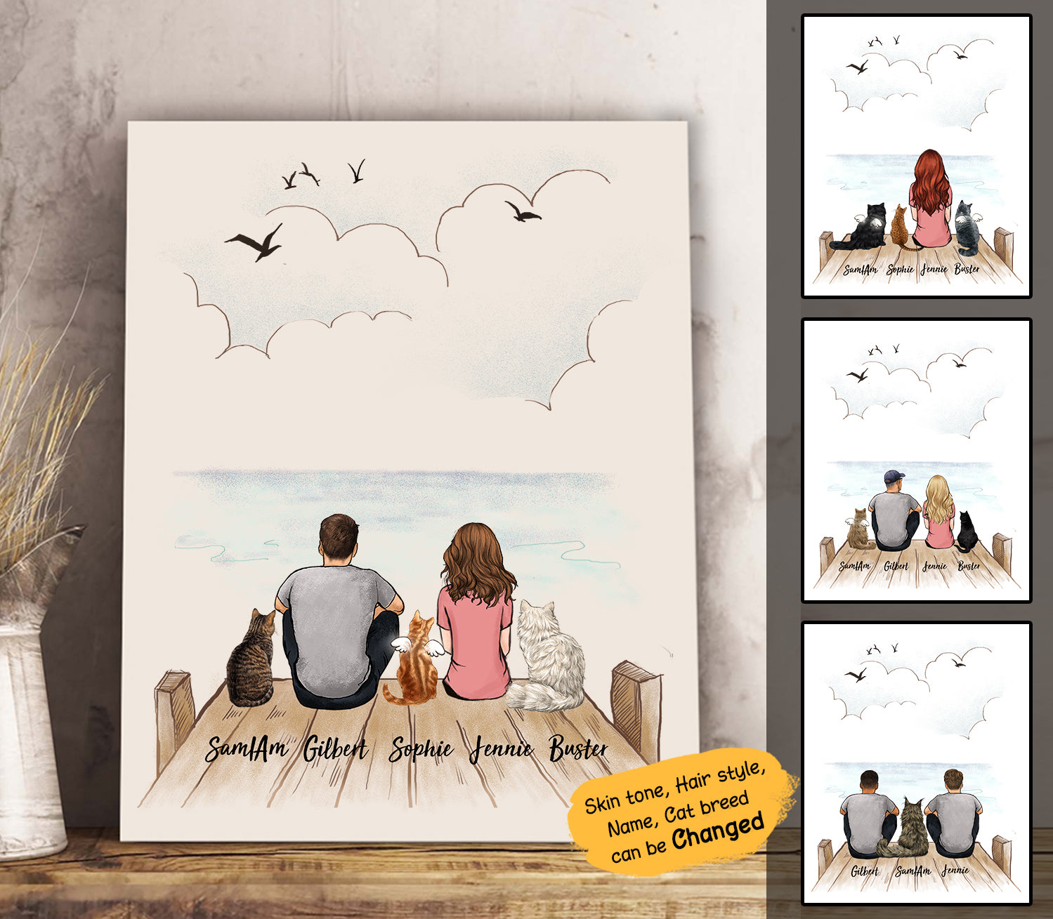 cat canvas art - wooden dock