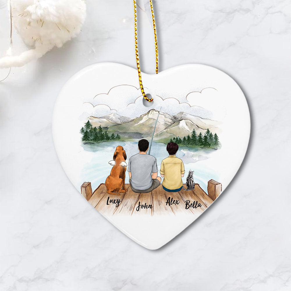 Personalized Family Ornament With Dog &amp; Cat - Custom Ceramic Ornament - Personalized Gifts, Christmas Gifts For Family, Dog Cat Lovers, Fishing Lovers