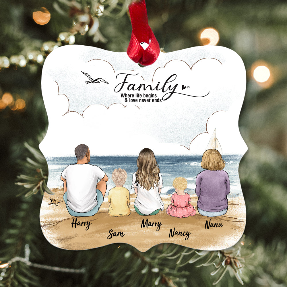 Personalized Christmas Square Metal Ornament gifts for the whole family - UP TO 5 PEOPLE - Beach - Custom Message