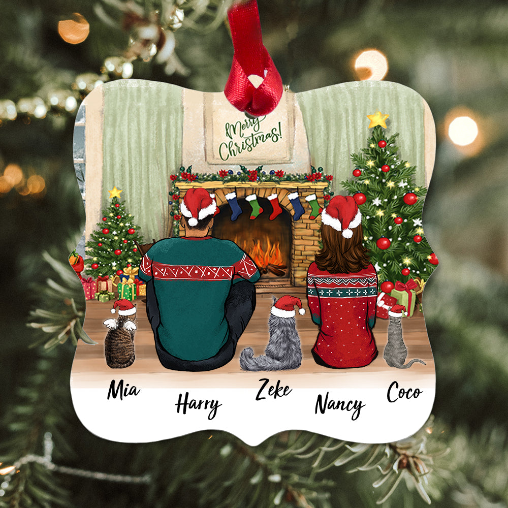 Personalized Christmas Square Metal Ornament gifts for cat lovers - CAT &amp; COUPLE