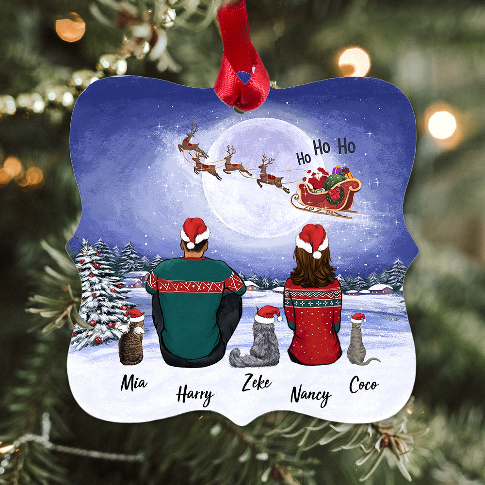 Personalized Christmas Square Metal Ornament gifts for cat lovers - CAT &amp; COUPLE - Santa Ho Ho Ho