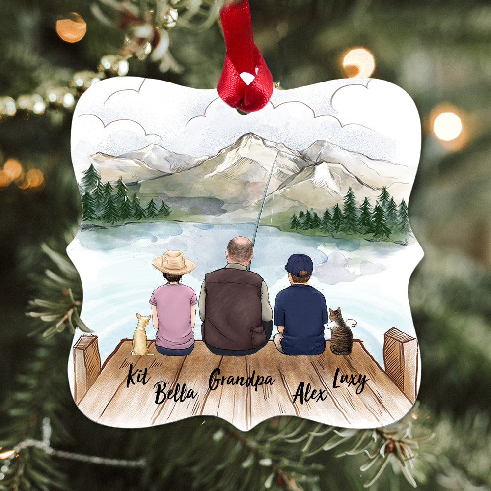 Personalized Christmas Square Metal Ornament gifts for the whole family &amp; dog &amp; cat - UP TO 5 PEOPLE &amp; PETS - Fishing