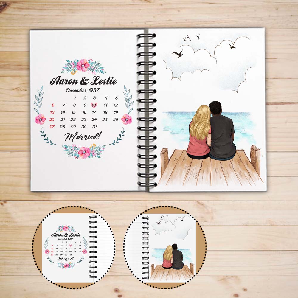Personalized anniversary calendar spiral journal gift for him for her couple Wooden Dock
