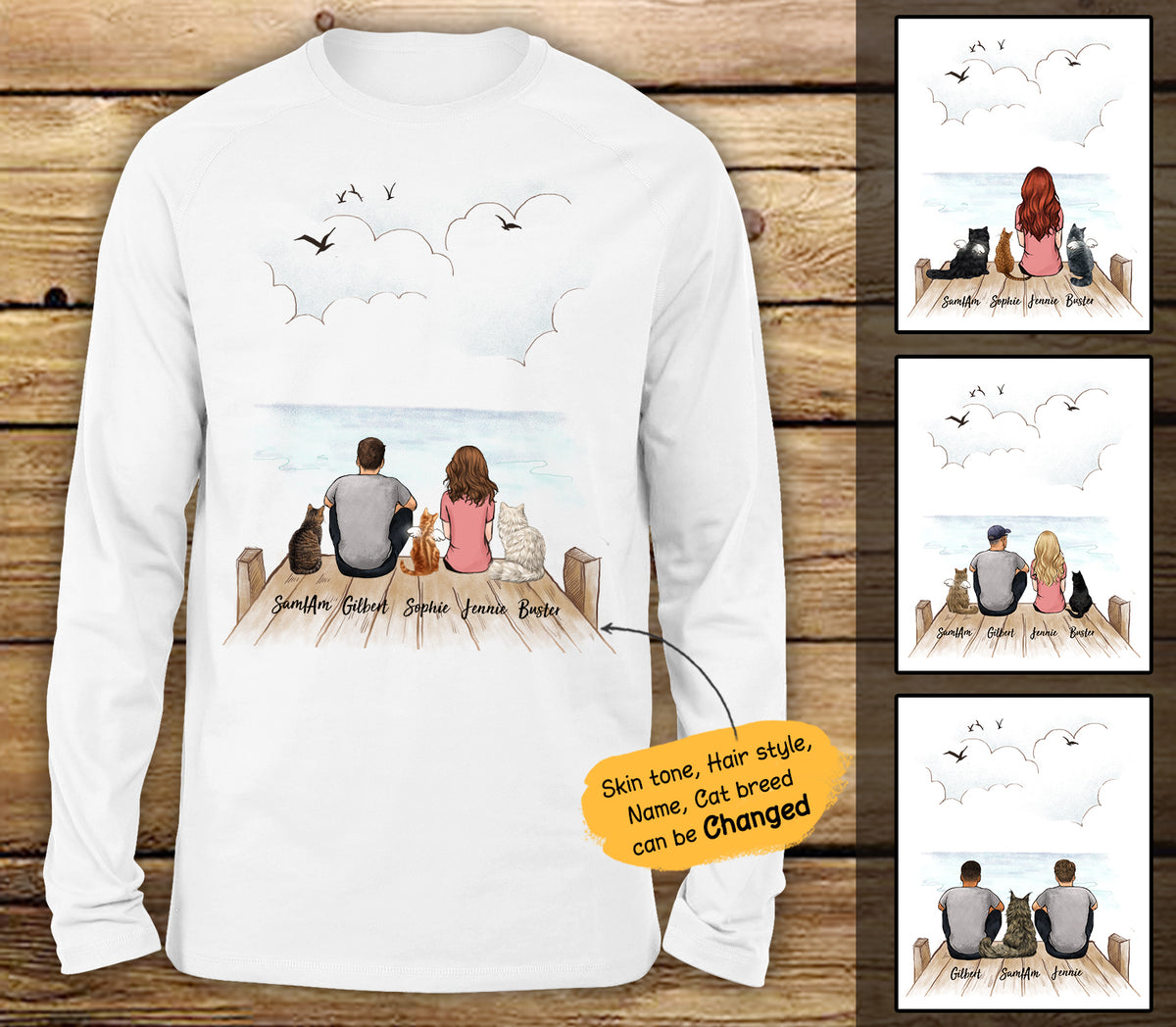 Personalized custom cat &amp; couple long sleeve - Wooden Dock - 2408