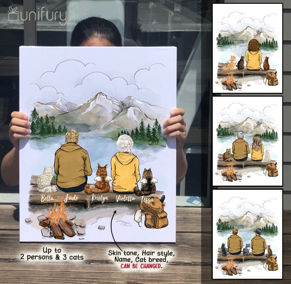 cats and cat owners sitting in mountain view - custom canvas print gift for cat lover - Unifury