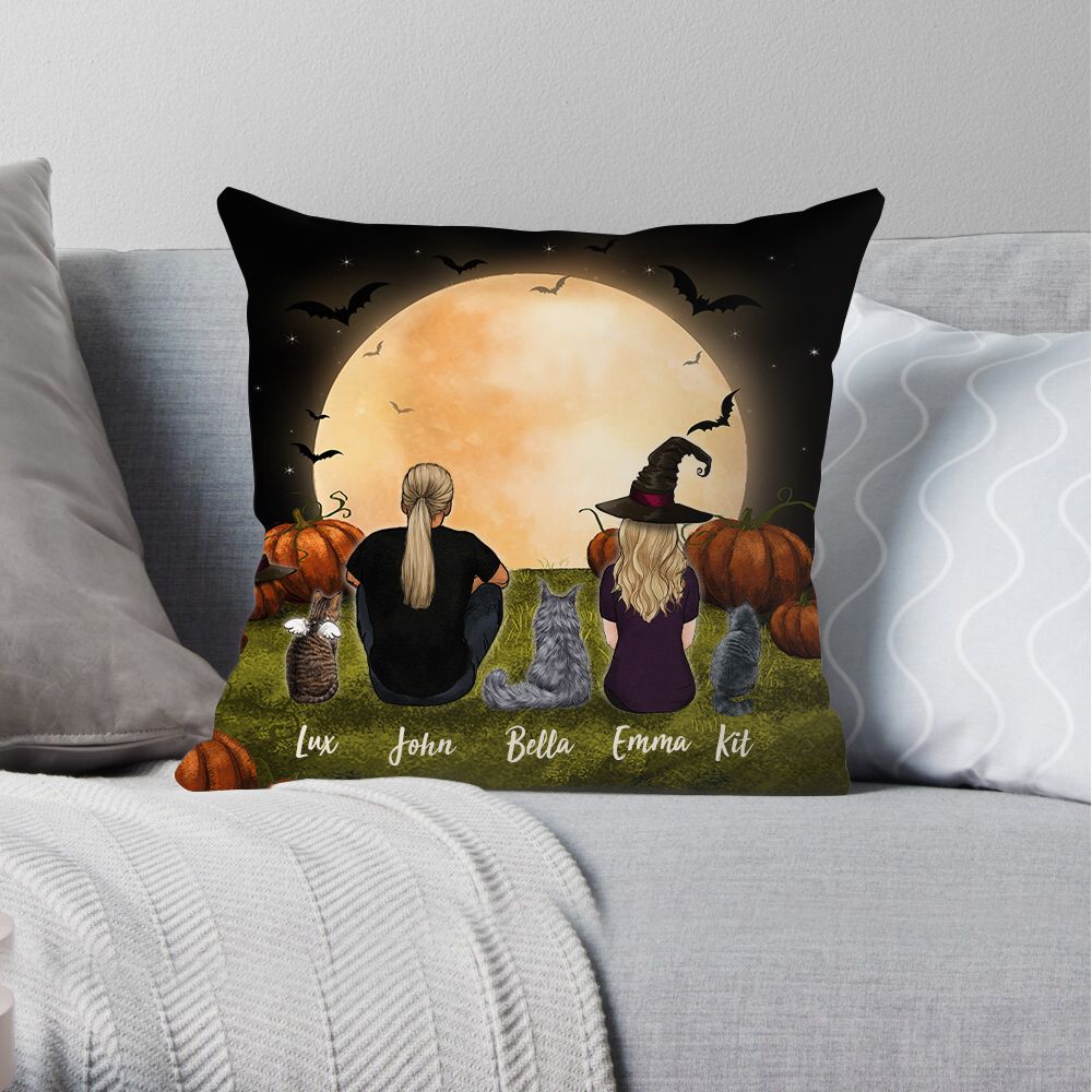 cat and cat owner halloween canvas or linen or suede pillow gift for cat lovers