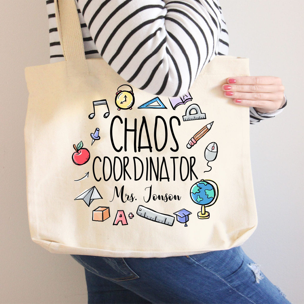 round canvas tote bag gift for teacher - Chaos Coordinator - classroom elements