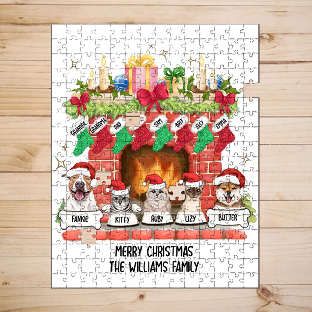 Christmas Fireplace Puzzle - Family Stockings &amp; Dogs Cats