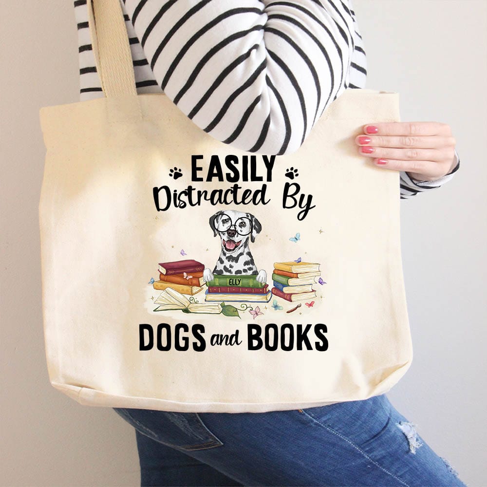 Personalized rounded canvas tote bag gift for dog lovers - Dogs &amp; Books