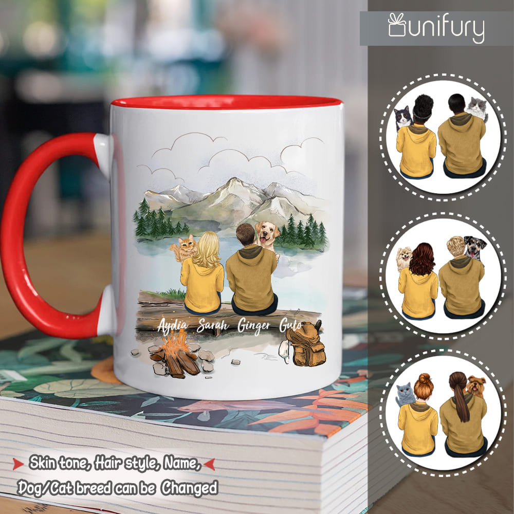 Personalized accent mug gifts for pet lovers - Hugging dog, cat - Couple Mountain Hiking