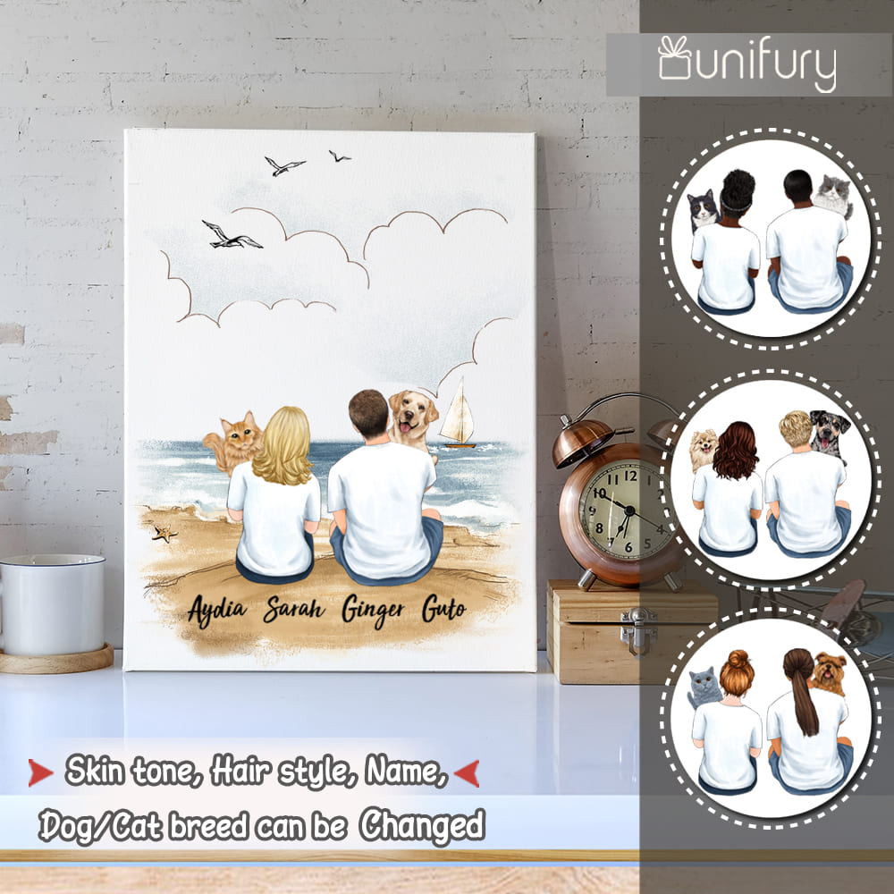 Personalized canvas print wall art gifts for pet lovers - Hugging dog, cat - Couple Beach