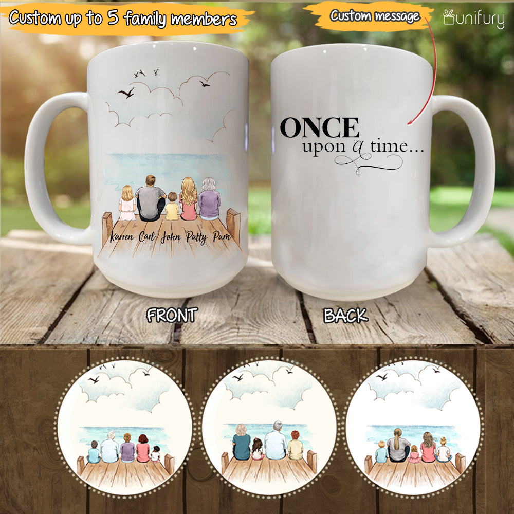 Personalized gifts for the whole family Coffee Mug - UP TO 5 PEOPLE - CUSTOM MESSAGE - Wooden dock - 2426