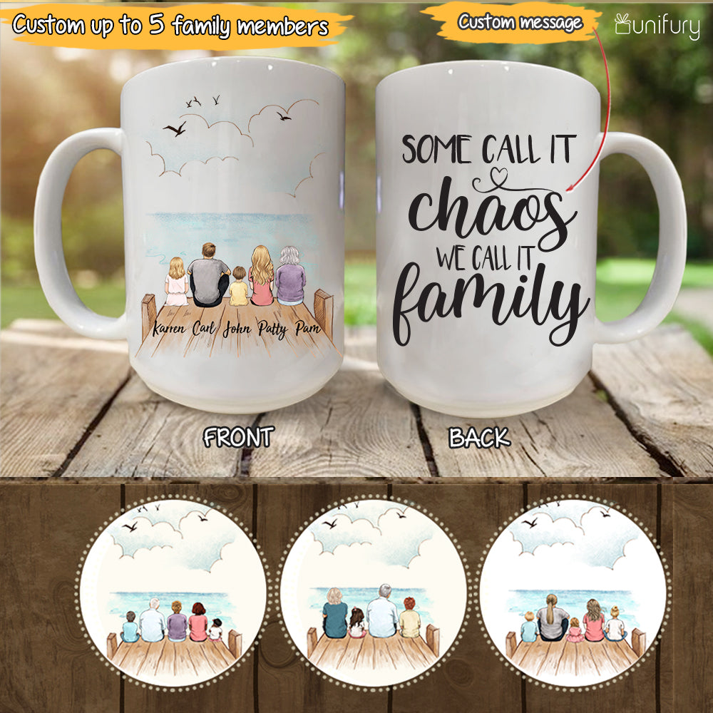 Personalized gifts for the whole family Coffee Mug - UP TO 5 PEOPLE - CUSTOM MESSAGE - Wooden dock - 2426
