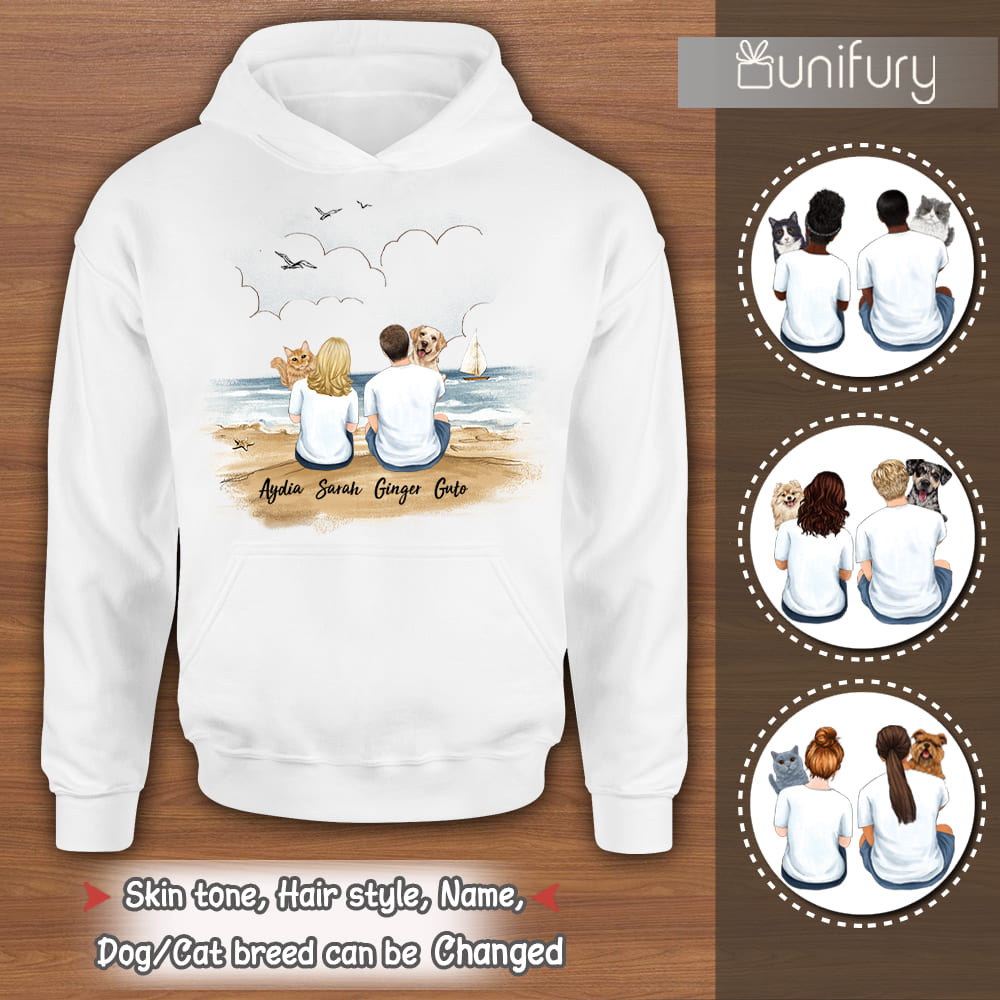 [FRONT SIDE] Personalized hoodie gifts for pet lovers - Hugging dog, cat - Couple Beach