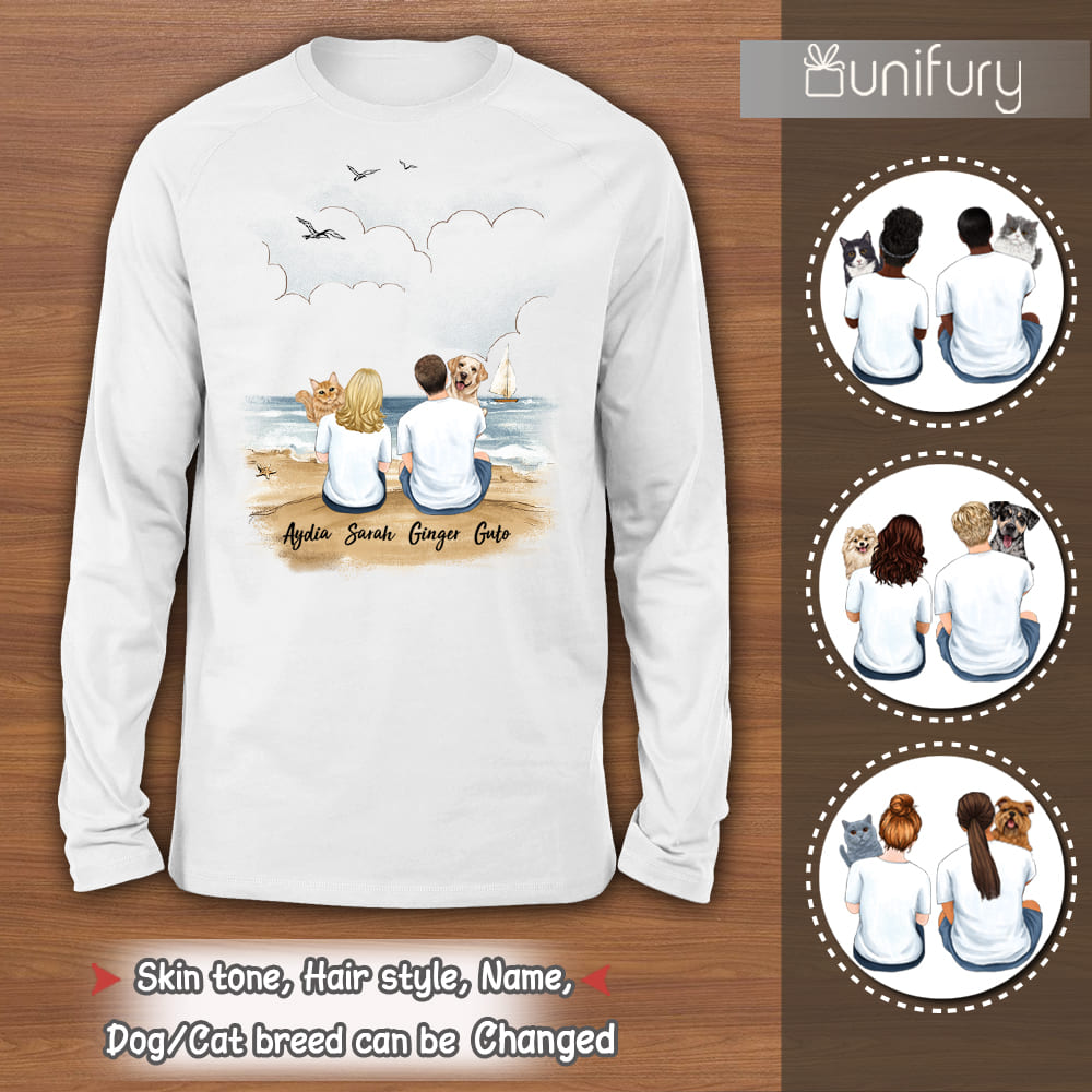 [FRONT SIDE] Personalized long sleeve gifts for pet lovers - Hugging dog, cat - Couple Beach