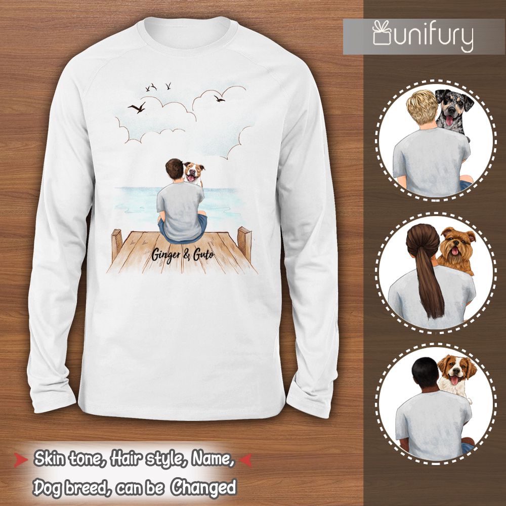 [FRONT SIDE] Personalized long sleeve gifts for dog lovers - Dog Dad - Wooden dock
