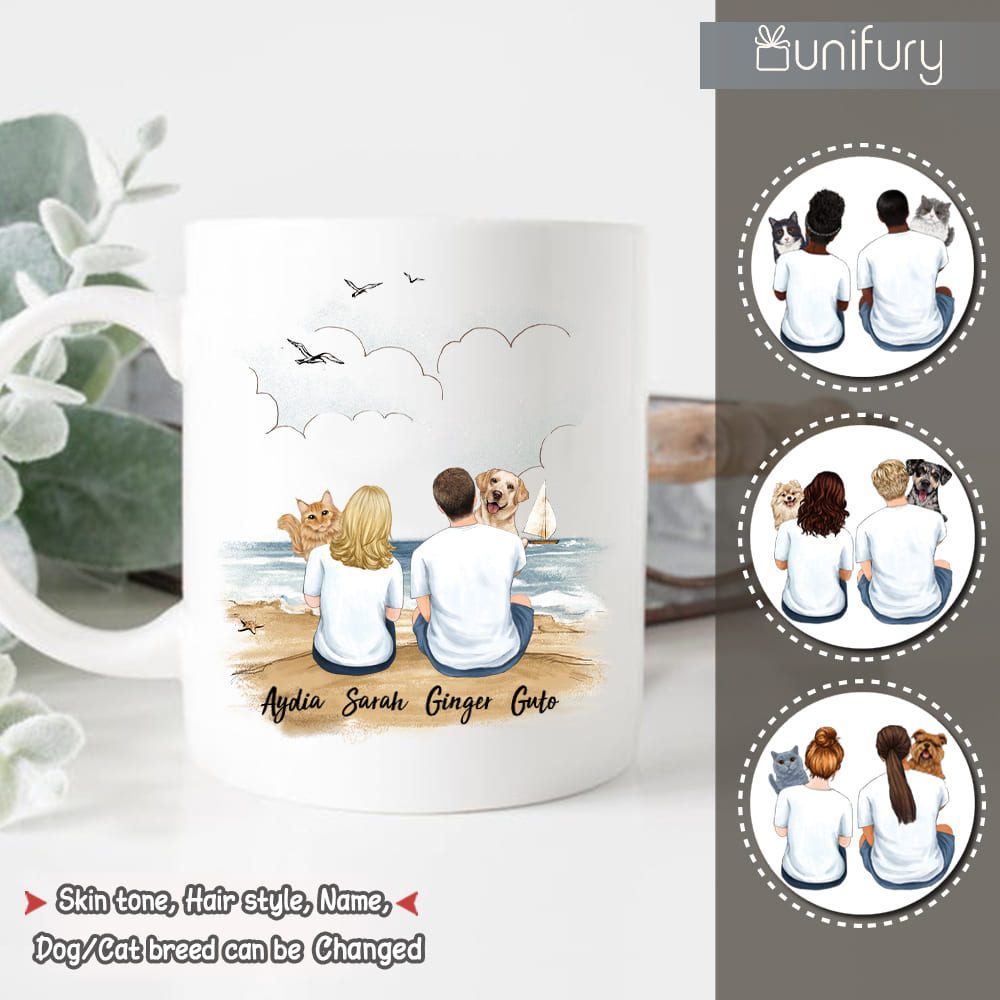 Personalized coffee mug gifts for pet lovers - Hugging dog, cat - Couple beach