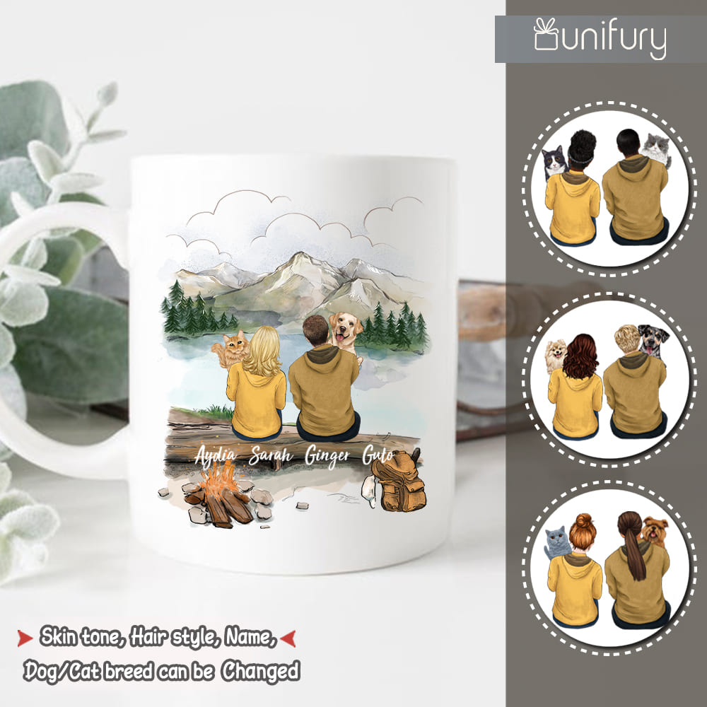 Personalized coffee mug gifts for pet lovers - Hugging dog, cat - Couple Mountain Hiking