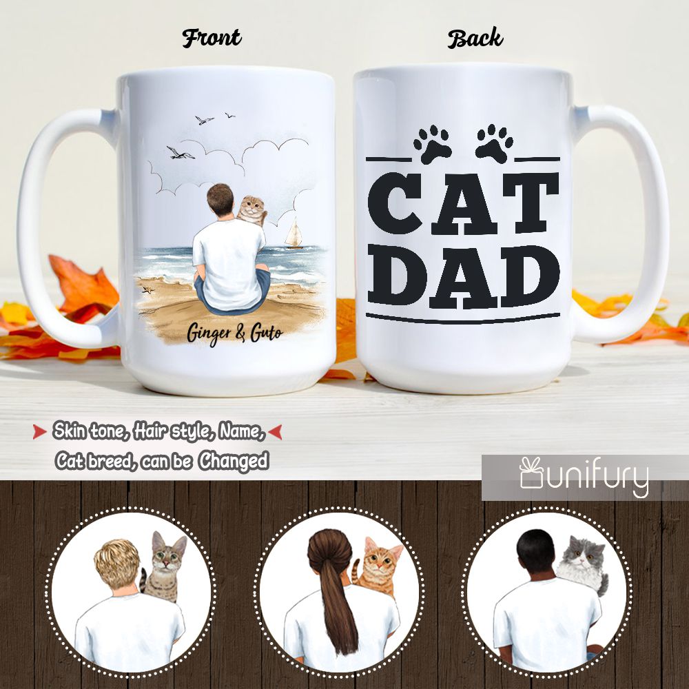 Personalized Coffee Mug Gifts For Cat Lovers - Cat Dad - Beach