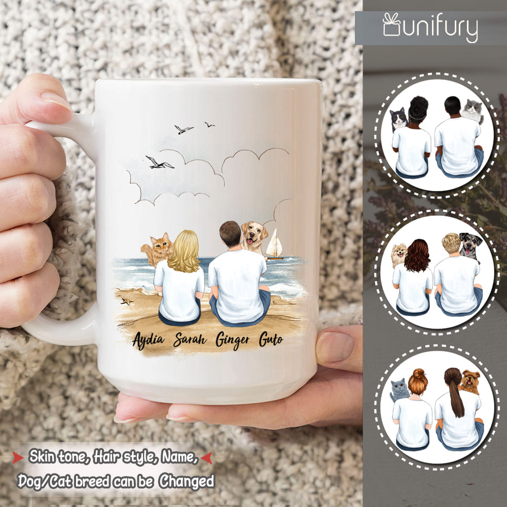 Personalized coffee mug gifts for pet lovers - Hugging dog, cat - Couple beach