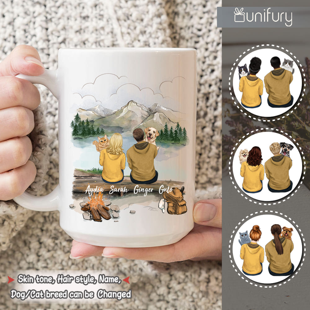 Personalized coffee mug gifts for pet lovers - Hugging dog, cat - Couple Mountain Hiking
