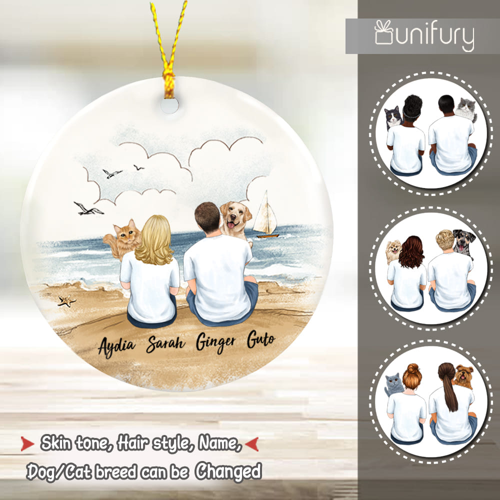 Personalized ceramic ornament gifts for pet lovers - Hugging dog, cat - Couple Beach
