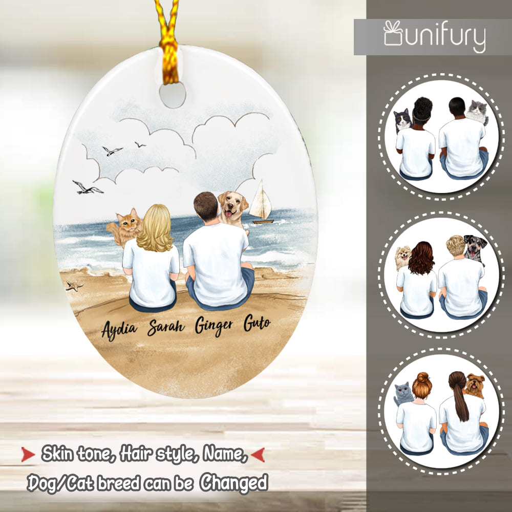 Personalized ceramic ornament gifts for pet lovers - Hugging dog, cat - Couple Beach