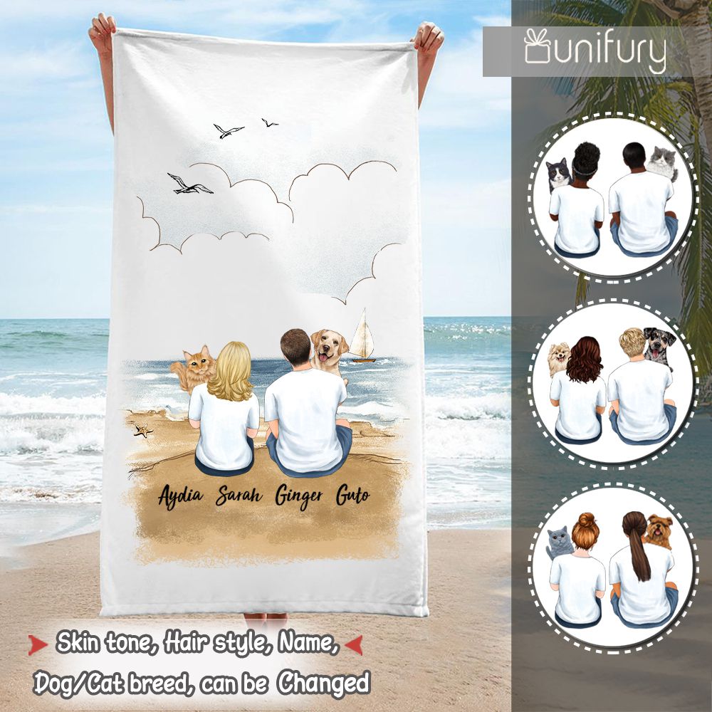 Personalized gifts for pet lovers beach towel - Hugging dog, cat - Couple Beach