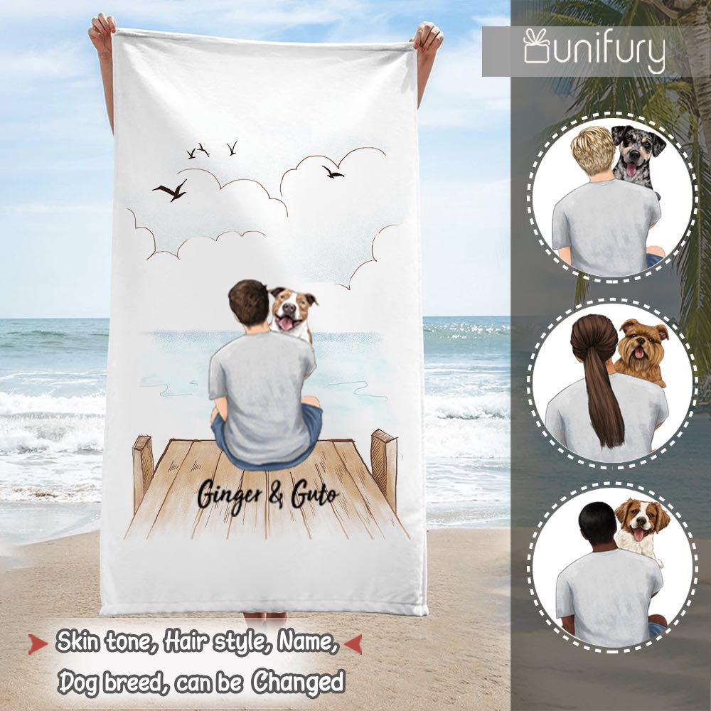 Personalized gifts for dog lovers beach towel - Dog Dad - Wooden Dock