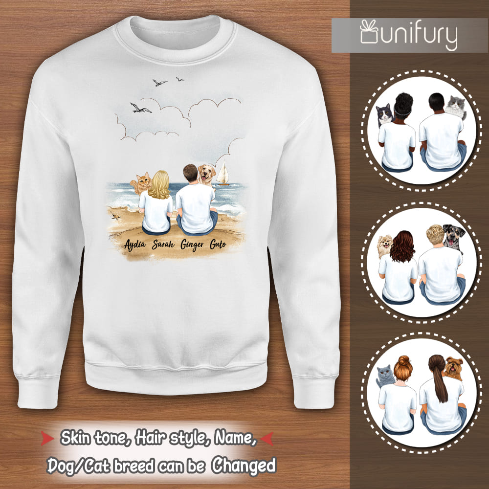 Personalized sweatshirt gifts for pet lovers - Hugging dog, cat - Couple Beach