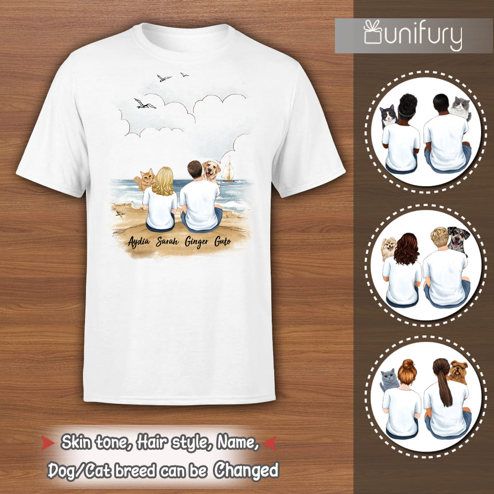Personalized T-shirt gifts for pet lovers - Hugging dog, cat - Couple Beach