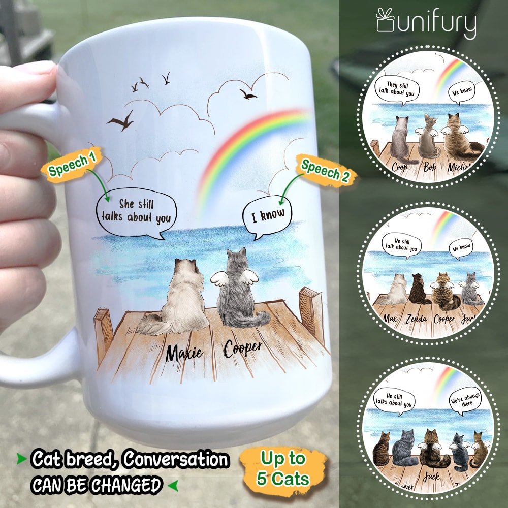 Personalized cat memorial gifts Rainbow Bridge Coffee Mug They still talk about you conversation - Wooden Dock