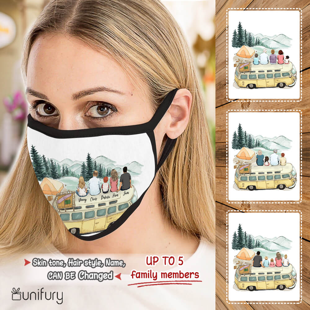 Personalized family members polyblend washable fabric cloth face mask gift for the whole family - UP TO 5 PEOPLE - Camping - 2426