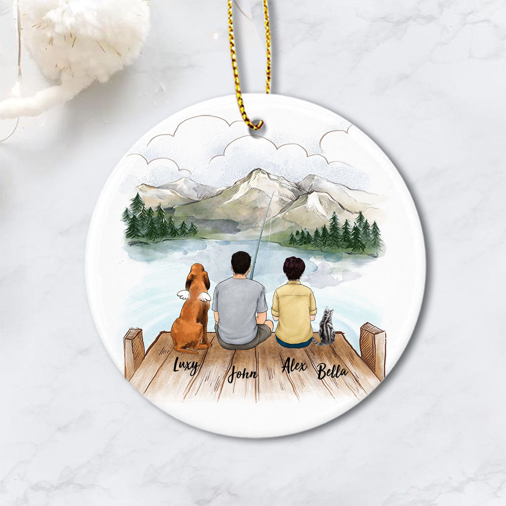 Personalized Family Ornament With Dog &amp; Cat - Custom Ceramic Ornament - Personalized Gifts, Christmas Gifts For Family, Dog Cat Lovers, Fishing Lovers