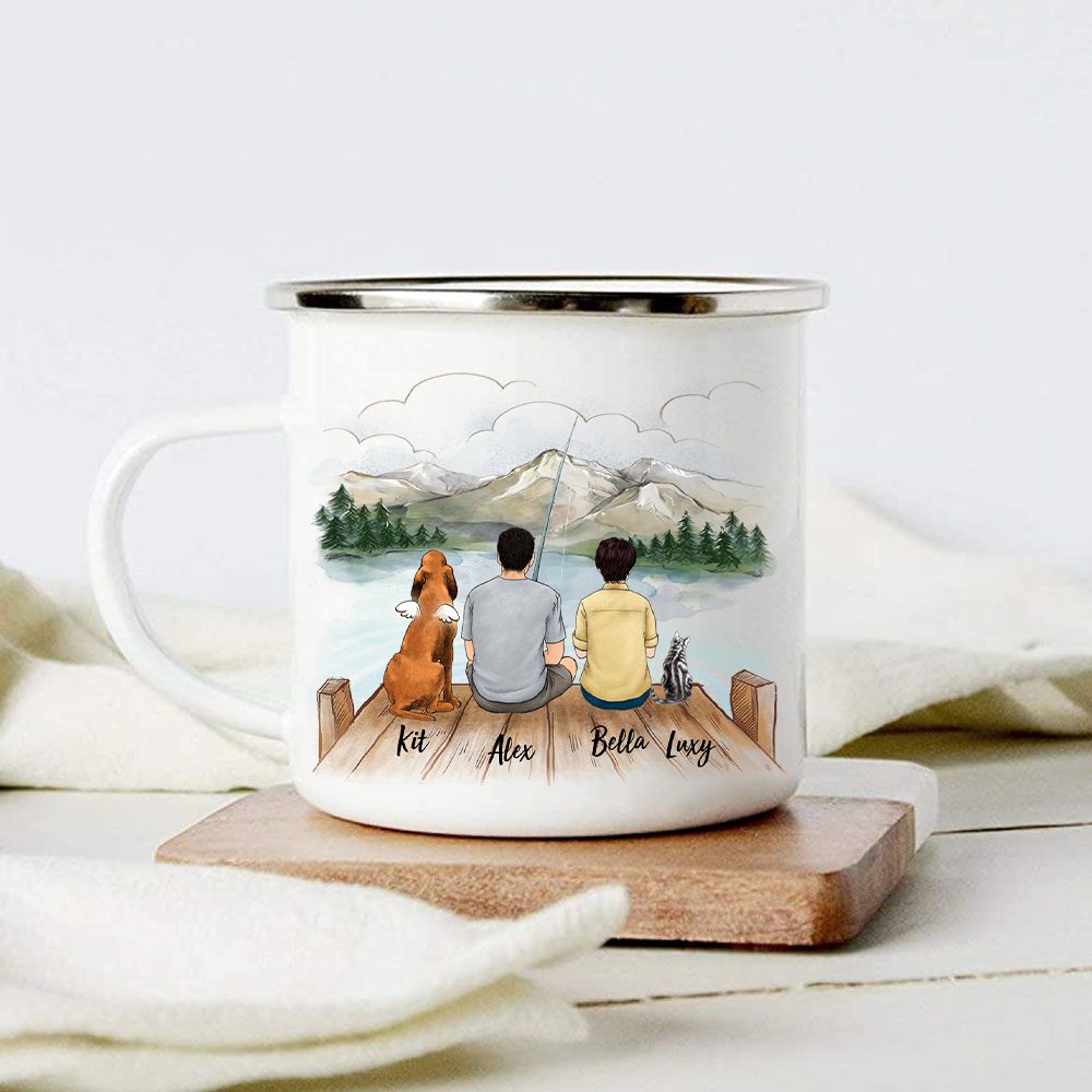 Personalized gifts for the whole family with dog, cat campfire mug - Up to 5 - Fishing