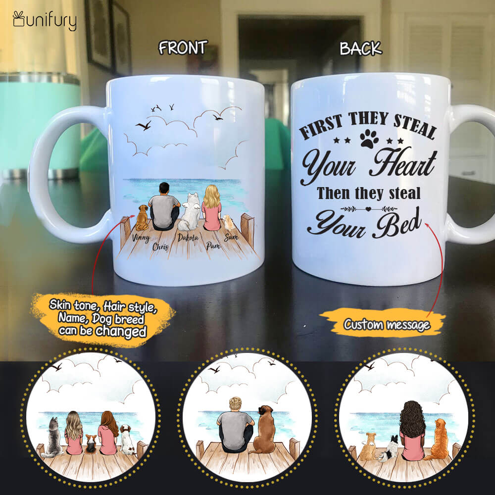 Personalized dog mug gifts for dog lovers - First they steal your heart, then they steal your bed