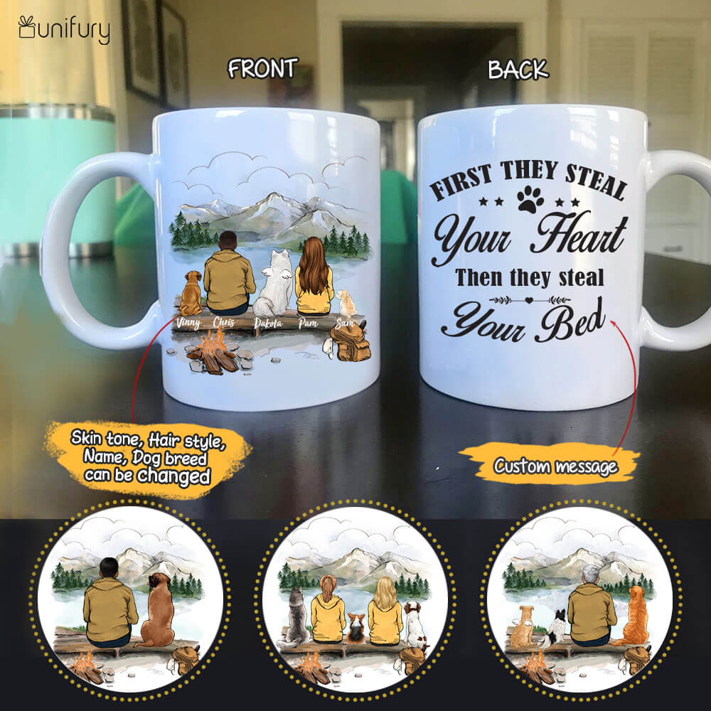 Personalized Dog Mug - Mountain Hiking Dog &amp; Couple - Custom Message - Gifts For Dog Lovers