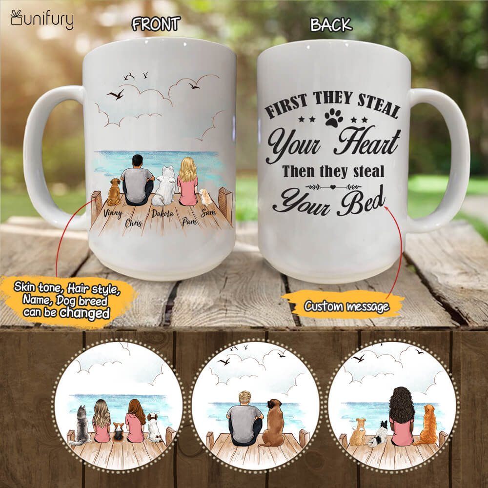 Personalized dog mug gifts for dog lovers - First they steal your heart, then they steal your bed