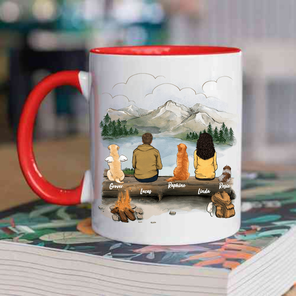 dog owner hiking with dog red two-tone mug gift for dog lovers