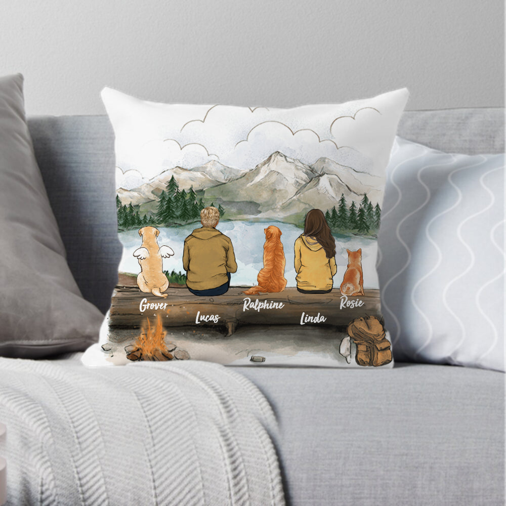 dog owner hiking with dog canvas or linen or suede pillow gift for dog lovers