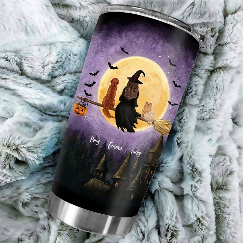 Personalized Halloween Fat Tumbler Gifts For Dog Cat Lovers - Flying On Broom